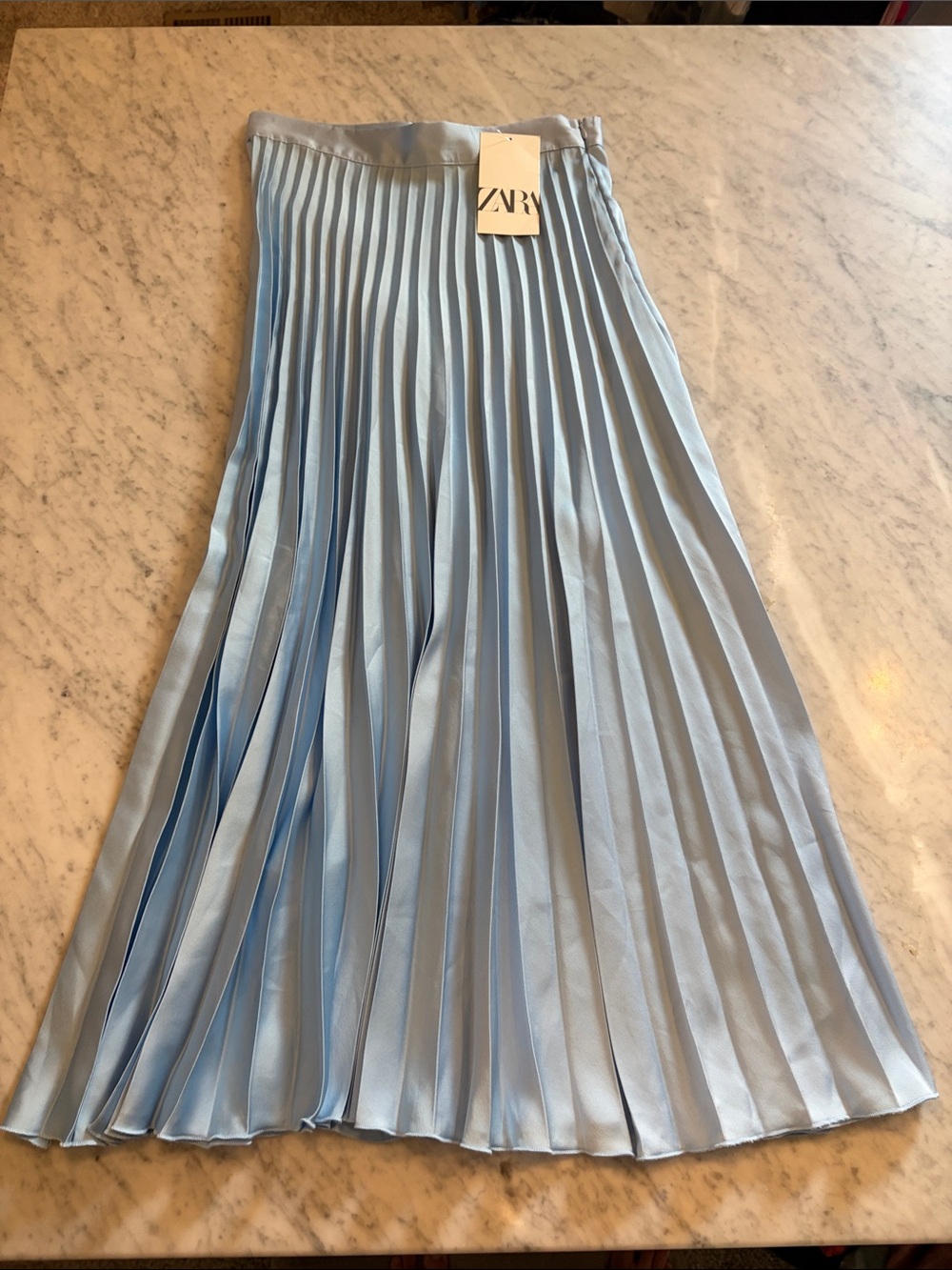 Zara Pale Blue Satin Pleated Midi Skirt